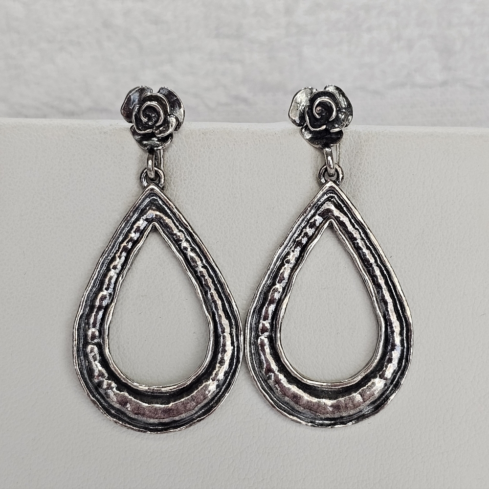 Or Paz PZ ISRAEL 925 Oxidized Hammered Silver Rose Flower Teardrop Post Earrings - Picture 4 of 9